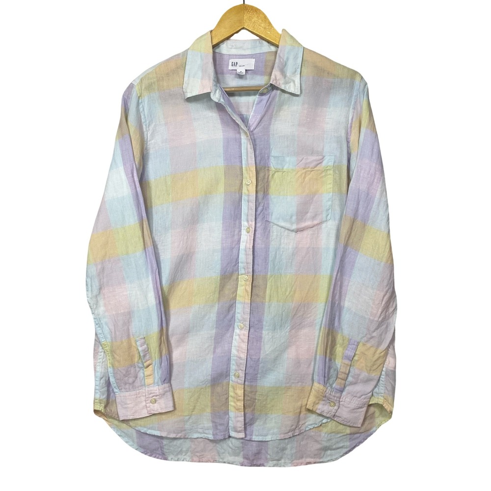 Gap 100% Linen Button Down Shirt Womens Medium Pastel Plaid Long Sleeve Pocket